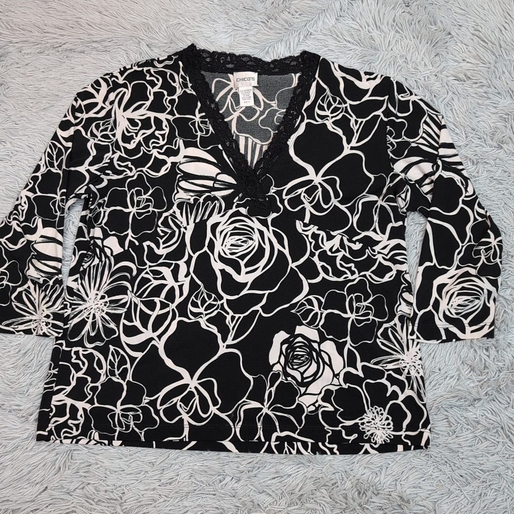 Chico's Shirt Womens 3 Black Floral Career Lightweight Lace Trim Blouse Top